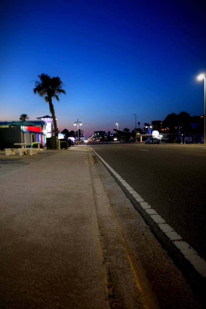A quiet street at night with a palm tree, streetlights, and neon signs under a deep blue sky.
